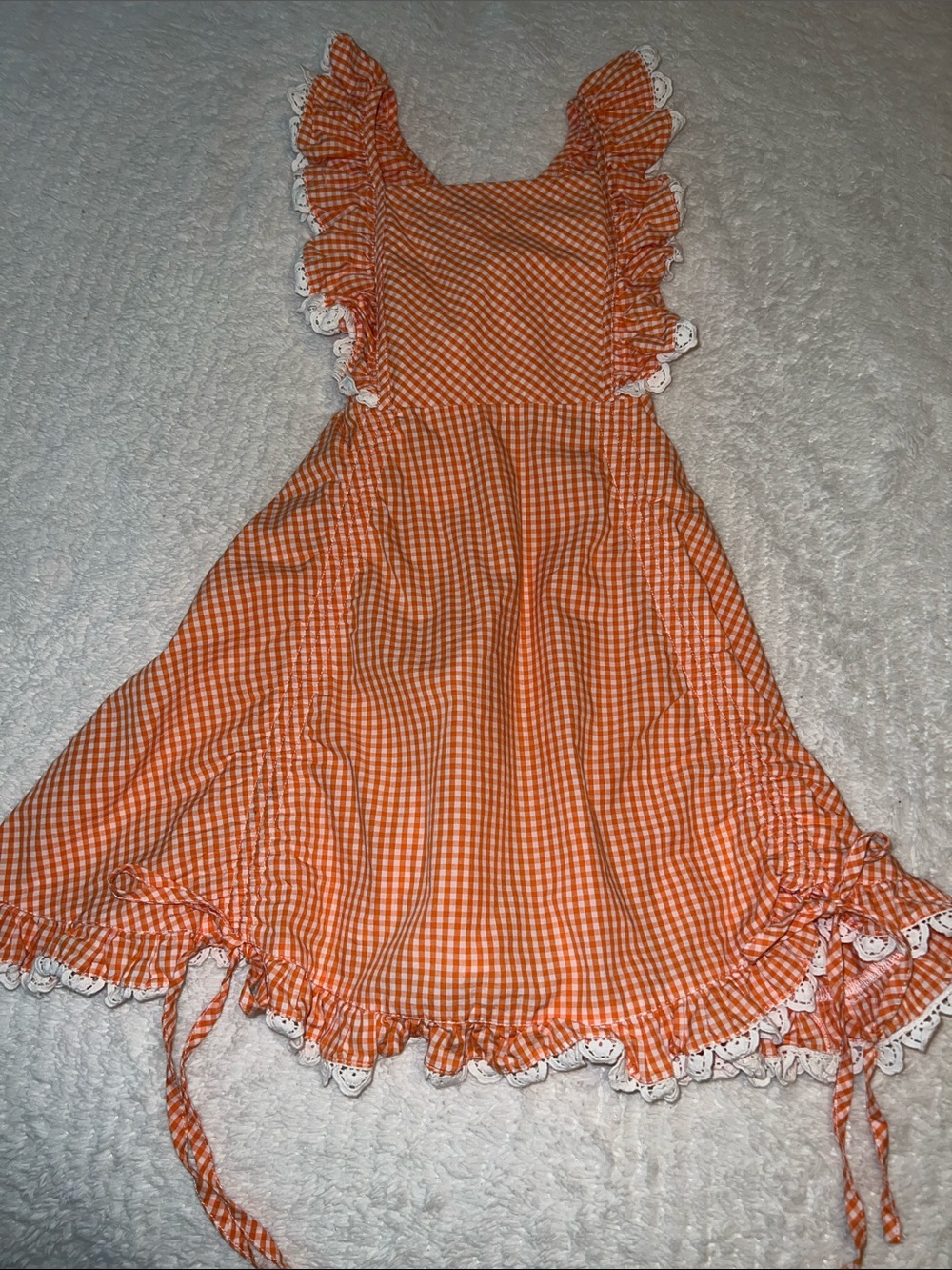Joyfolie Orange Gingham Ruffle Dress with Lace Trim